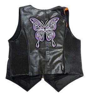 VANCE LEATHERS black butterfly embroidered applique cropped moto vest M‎